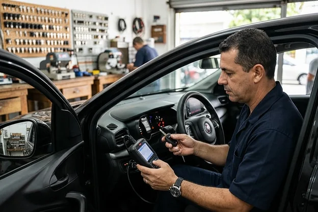 Chaveiro programando uma chave de carro em São Vicente.