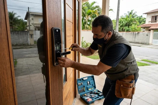 Fechadura digital instalada em uma porta em São Vicente.